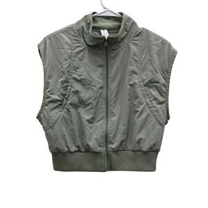 Alo Yoga In Motion Womens Puffer Vest Green Full Zip Cropped Sz M Fleece Lined